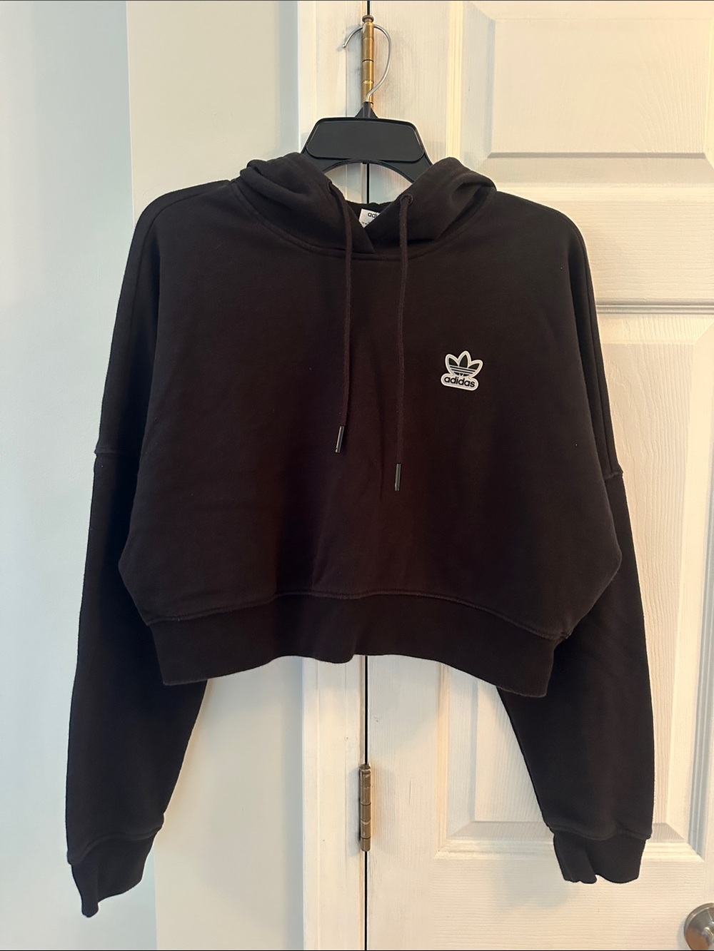 adidas Originals Black Crop Hoodie with Trefoil Patch on front & 90s print - S